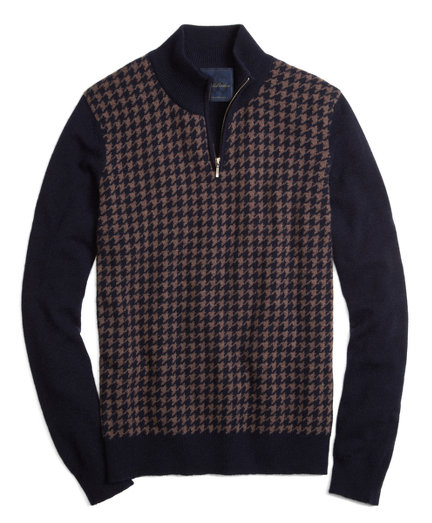 Brooks Brothers Cashmere Large Houndstooth Half-Zip Mockneck Sweater