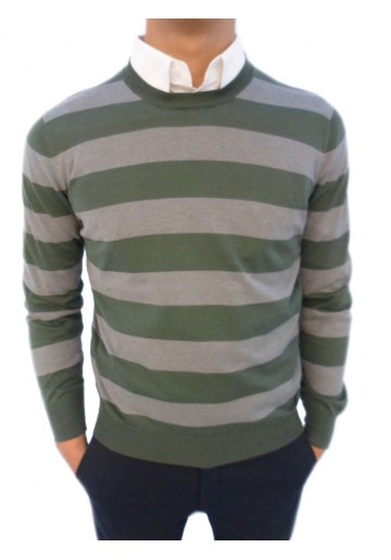 Brunello Cucinelli Green - Grey Stripe Cotton Sweater Fit pic.jpg