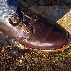 Chippewa 20065 boots (originally dyed with Meltonian creme) after 9 months of wear: out in the sun a few days after I conditioned and polished.