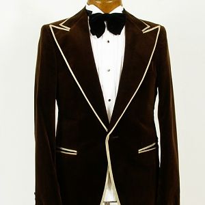 Mens vintage brown velvet jacket with pale gold piping.