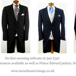 Ex-hire morning suits, tailcoats & morning trousers.