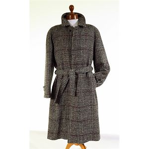 Belted tweed overcoat.