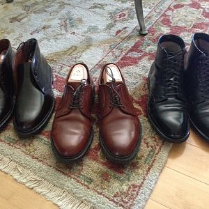 Quick color comparison. The shoes on the left are Allen Edmonds dark brown shell Dundee's (not for sale). 
The shoes on the right are Alden black shell cap toe boots. Size 9D on the Grant last (these are for sale).