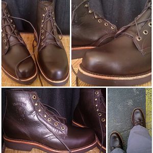 Chippewa 20065 "GQ" boots after two coats of Meltonian Shoe Cream (Color #164 Dark Cordovan-Burgundy), lightly buffed and worn for a day.  The color in the bottom pictures is more accurate.