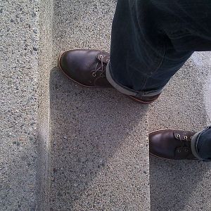 Second-day wear, Chippewa boots polished with Meltonian Shoe Cream (Color #164 Dark Cordovan-Burgundy)