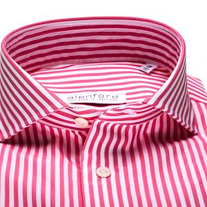 Alenford Made in Italy affordable fitted dress shirts. Red and white Bengal Stripe POPELINE 70, 2-Ply Italian Poplin with artisanal MOP button detailing and single needle stitching.