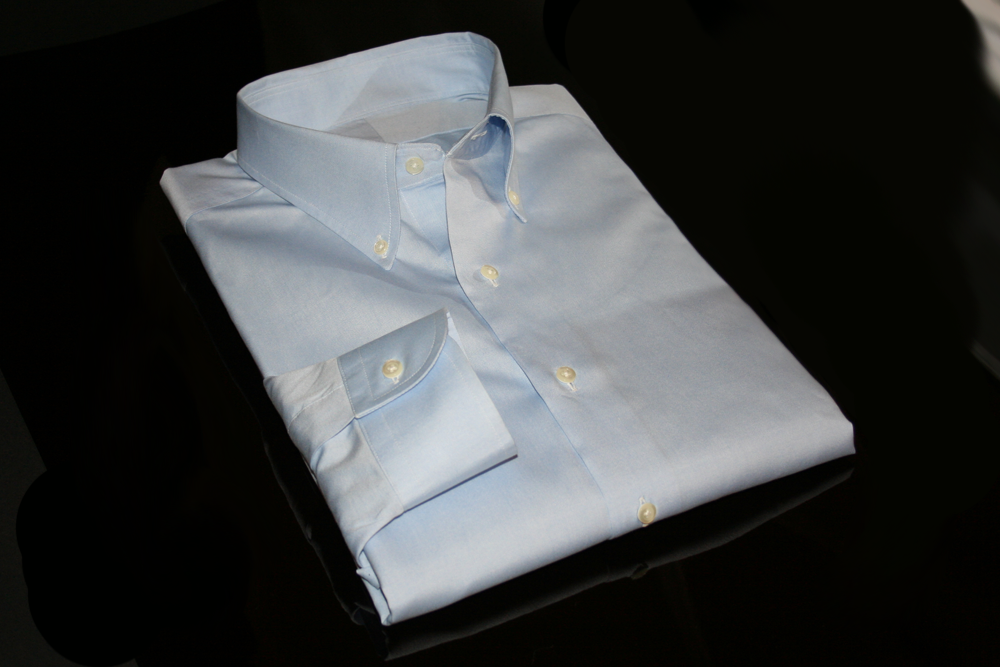 A Proper Cloth Custom Dress Shirt with button down collar and single button barrel cuff.  This shirt is hand sewn by Proper Cloth with beautiful 80s two-ply cotton oxford cloth.
