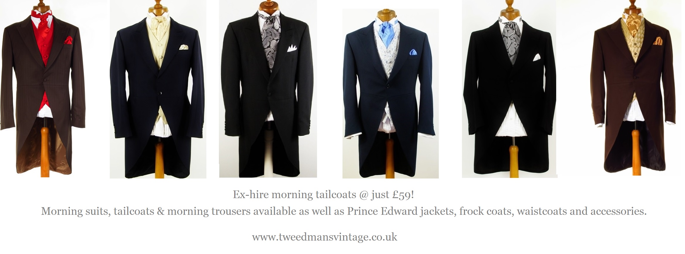 Ex-hire morning suits, tailcoats & morning trousers.