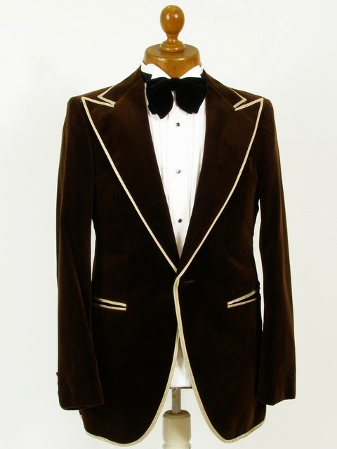 Mens vintage brown velvet jacket with pale gold piping.