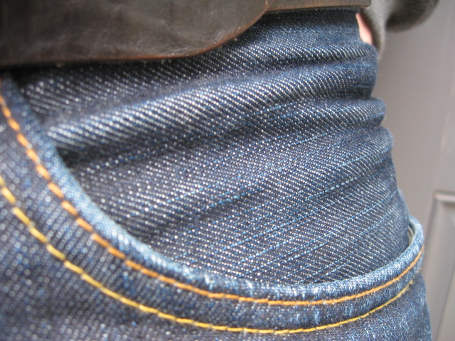 my friend brendons edwin blue trips. These were a one wash and he has had them since september but not everyday wear until late december. I would say about 4 months of solid wear total.

look at the insane vertical falling on these jeans. Its really incredible...