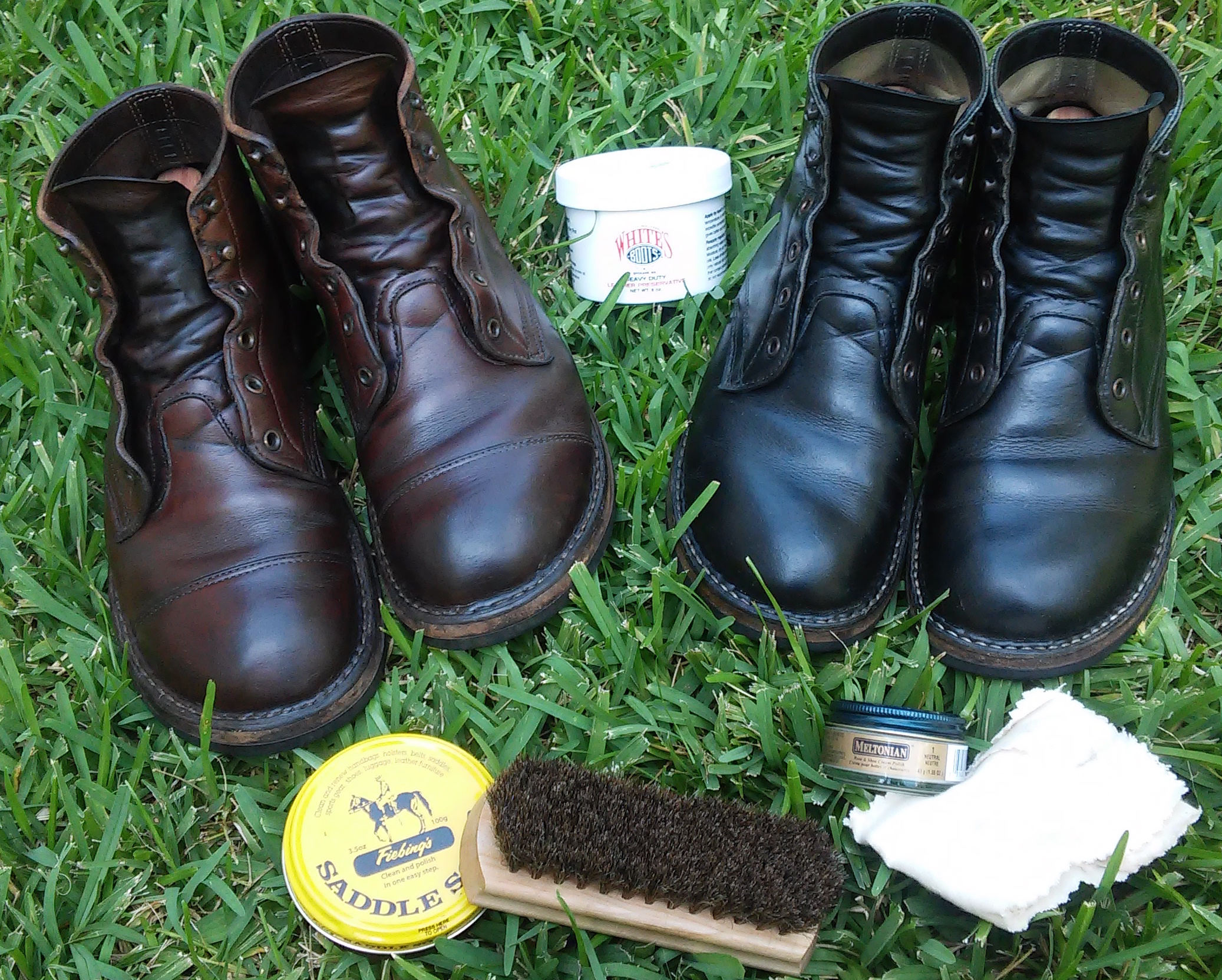 My White's semi-dress boots. Black are horsehide, brown are Chromexcel.