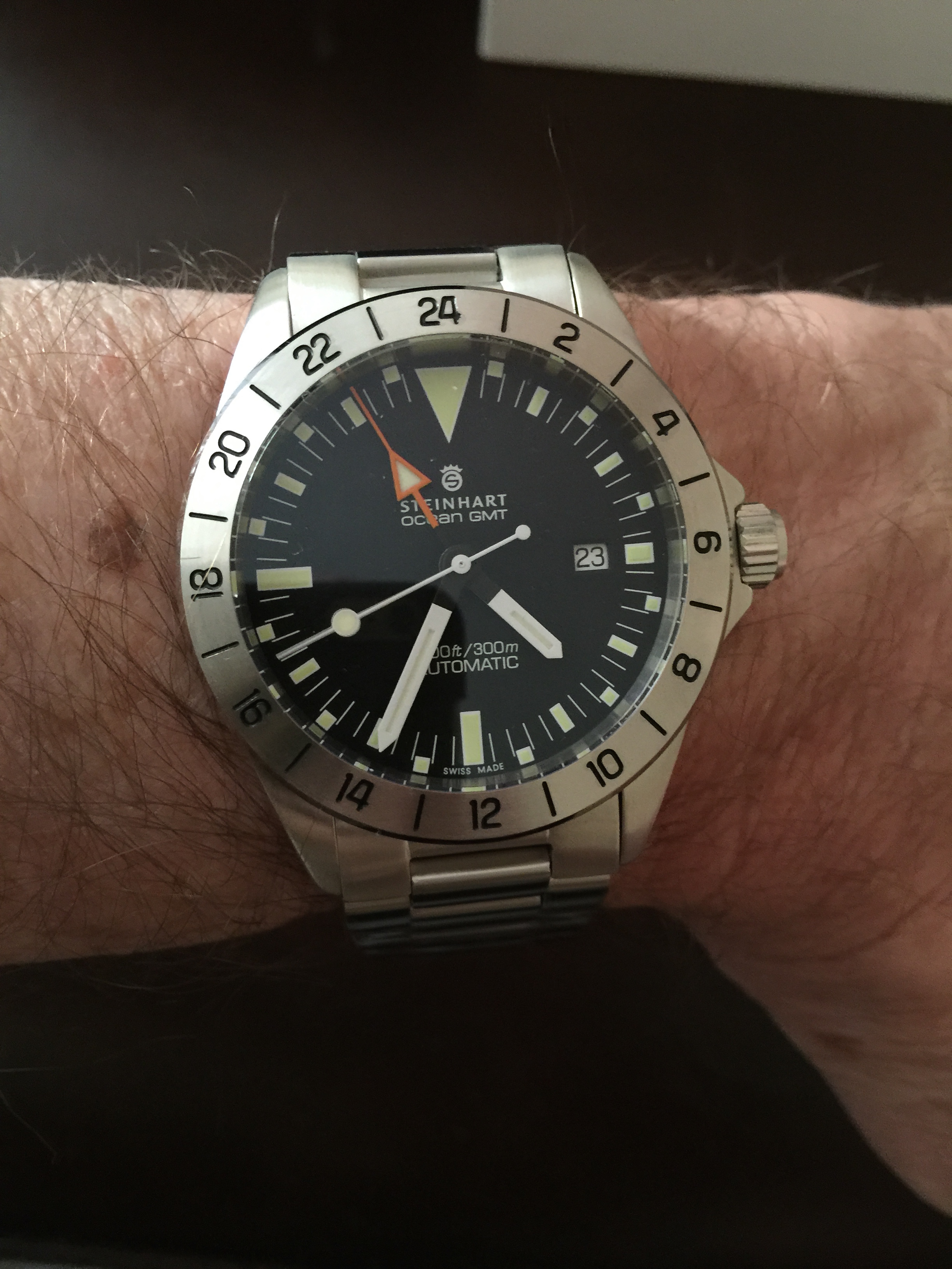 Steinhart Ocean Vintage GMT. This is an homage to the Rolex 1655, the so-called Steve McQueen Explorer II model. It's a lovely watch, if rather large. 42mm at 190g, which makes it a bit heavy. Very well constructed and a bargain at 412/490 EUR
