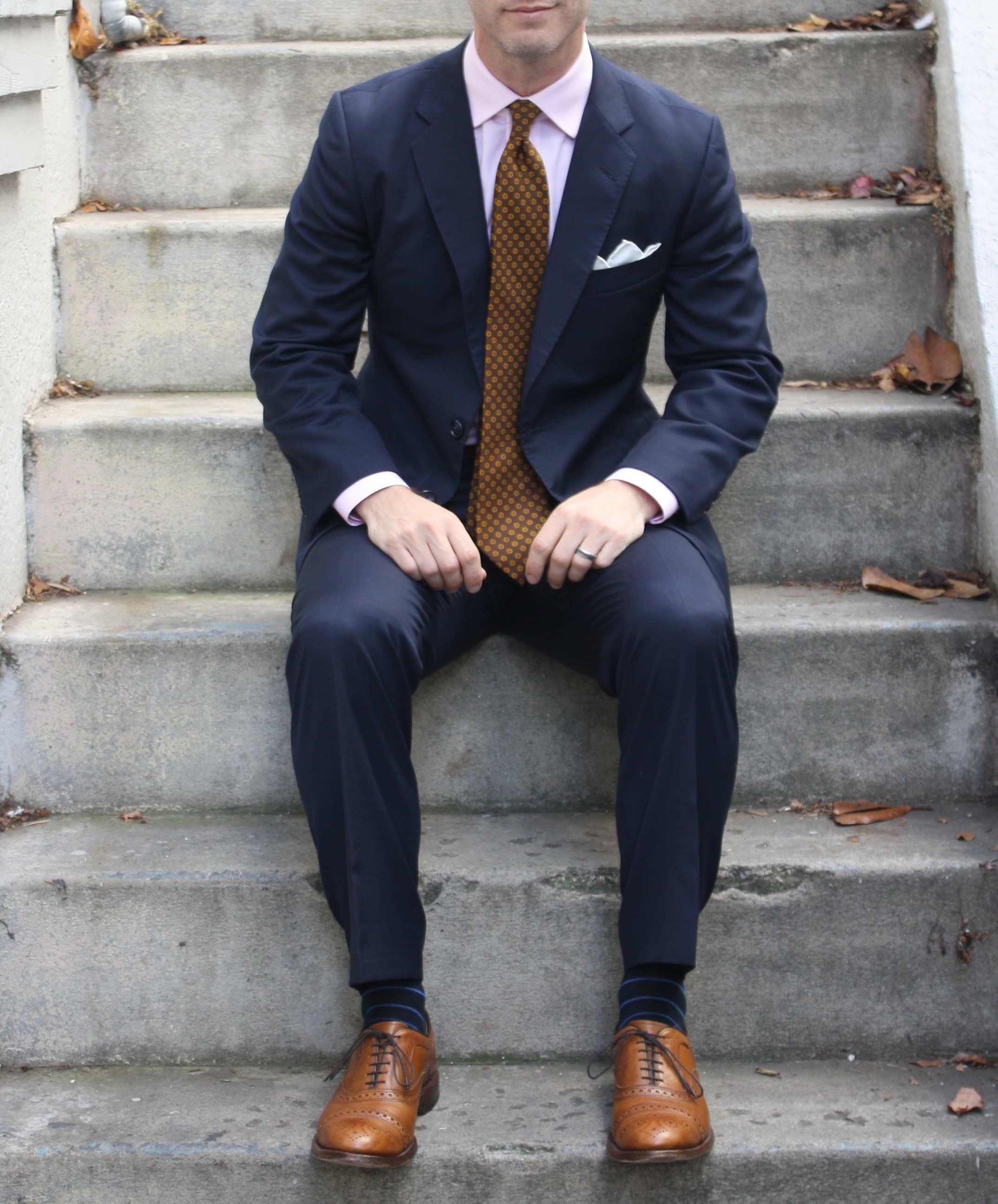 walnut shoes with navy suit