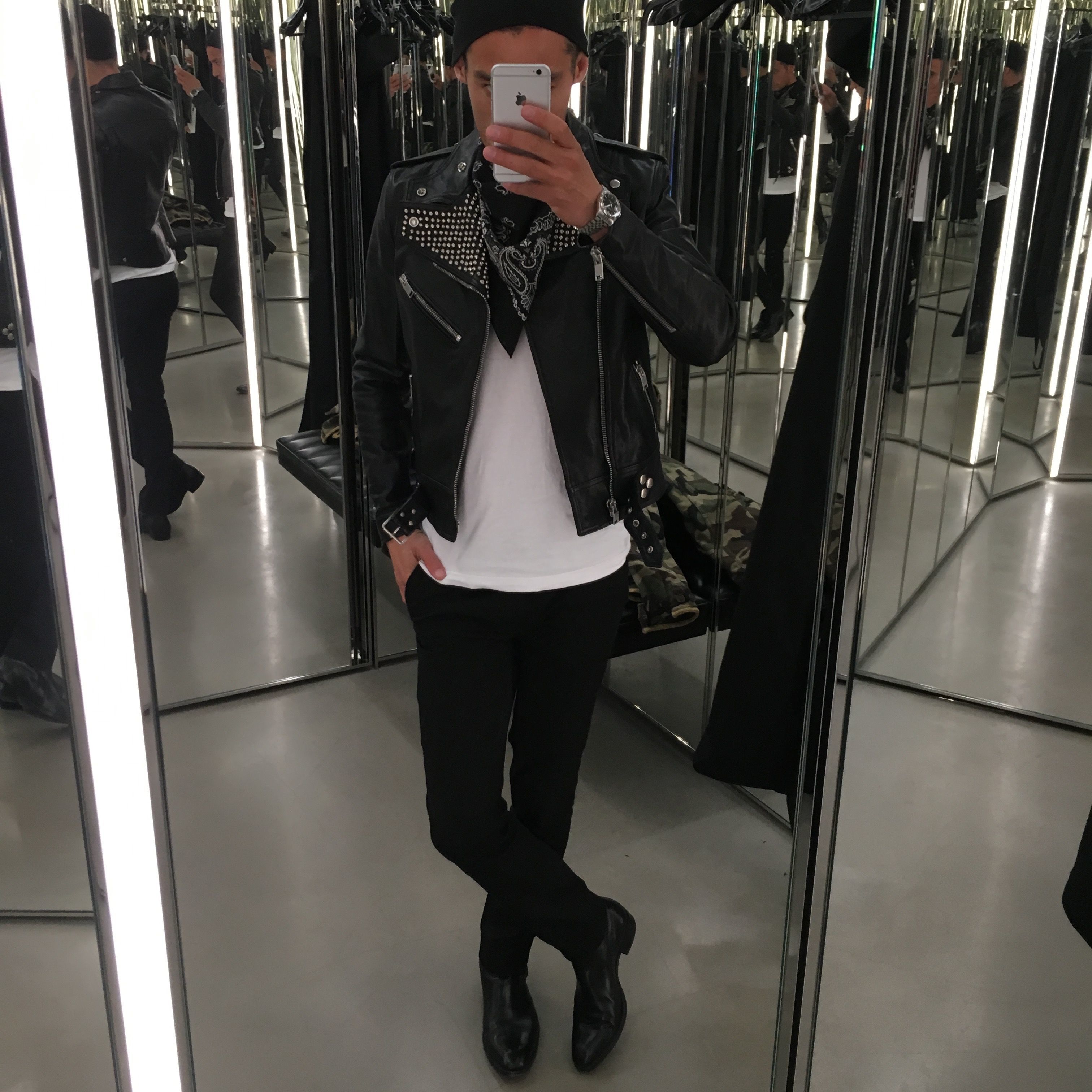 Saint Laurent Hedi Slimane 2014 Black Leather Foldover Collar Pullover Sweater S