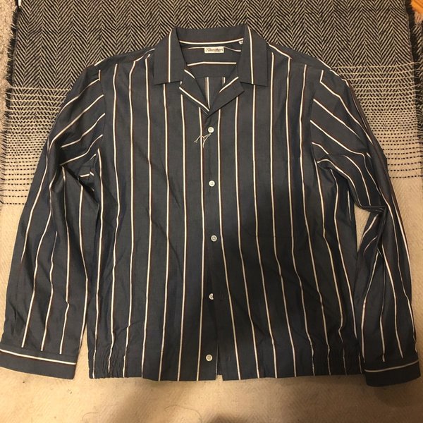 Camoshita cupro:cotton shirt jacket blouson in striped cobalt in size L.jpg