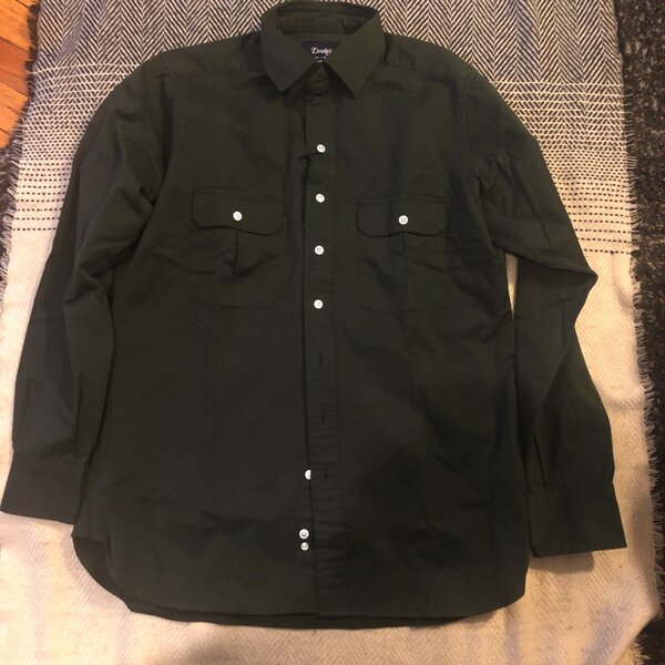 Drake's green cotton twill two-pocket work shirt in size 16.5.jpg