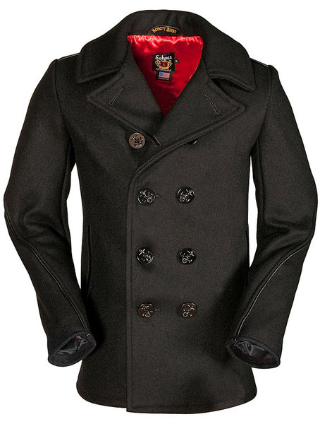 Schott Classic Wool Naval Pea Coat with Leather Trim