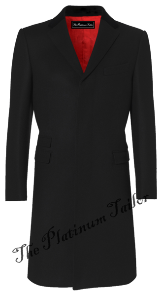 Mens Black Wool Long Overcoat With Vevlet Collar - The Platinum Tailor