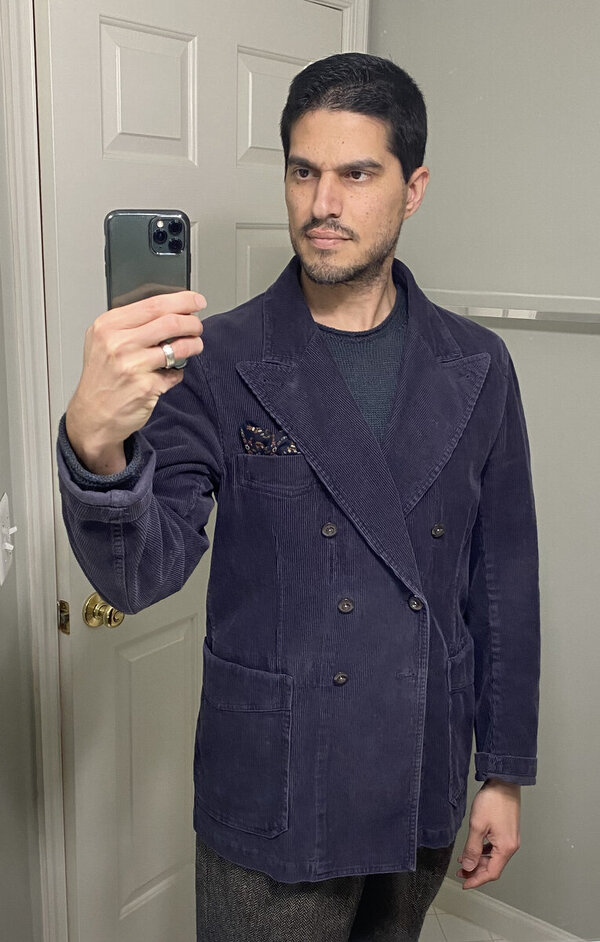 Drakes Games Day Blazer Corduroy_Drakes Square_IM Nostoc Tunic_mirror selfie.jpg