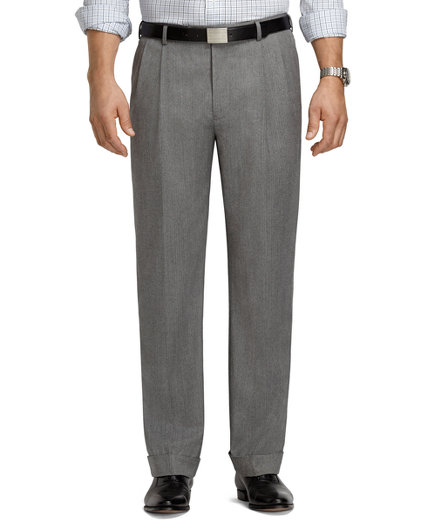 Brooks Brothers Madison Fit Pleat-Front Grey Mini Herringbone Trousers