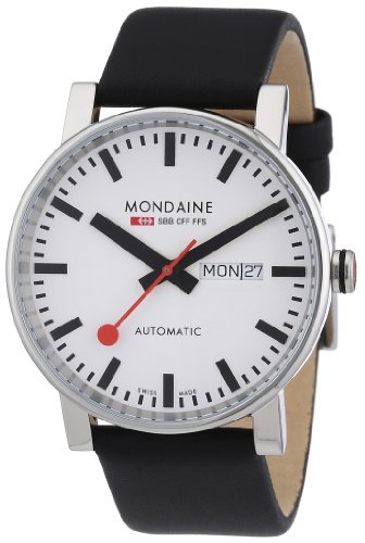 Mondaine Mens Day/Date Automatic Watch - White Dial - Black Leather Strap