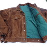 SOLD! Dark Brown Suede Trucker Jacket with Green Cotton Lining. Sz: M