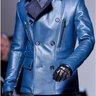 Mens Winter Warm Pure Blue Leather Coat