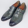NIB SANTONI Hand Patina Cyan Blue Museum Calf Single Monk Shoes US9.5 to 10