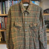 *SOLD* Fujito fatigue shirt in green, brown and orange plaid brushed cotton flannel, size 4