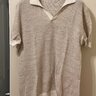 Thom Sweeney Short Sleeve Textured Knit Cotton/Linen Open Collar Polo, Cream, Size L