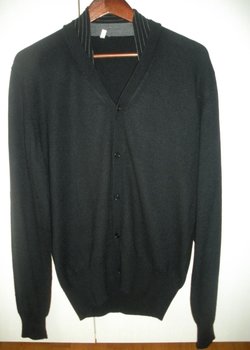 U-NI-TY Paris black cashmere cardigan with pinstripe collar, L