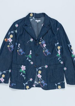 * SOLD * Engineered Garments Indigo Denim Floral Bedford Jacket Size Large, BNWT