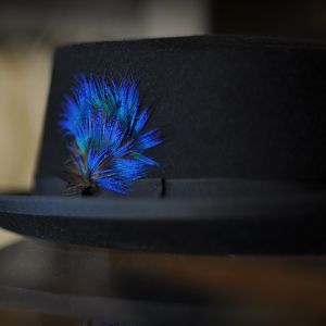 BKc All-Black Porkpie Hat w/ a peacock feather. & RED WING "Postman Chukka."