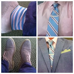 easter outfit! 
pink dress shirt
light blue jacket
medium blue pants
grey shoes and belt
light green and white seersucker pocket square