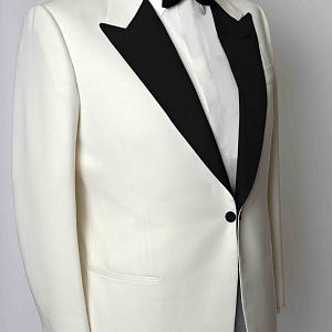 SB white tuxedo, example of bespoke tailoring by Dege & Skinner of Savile Row, London