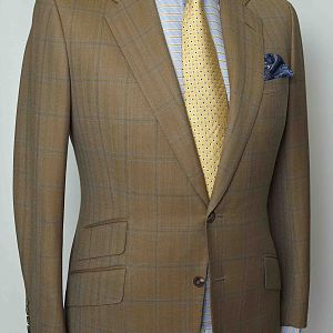 SB lightweight coat with cornflower overcheck by bespoke tailor Dege & Skinner