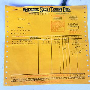 1952 Wolverine Invoice for pigskin and cordovan shoes.