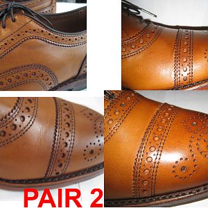 Many dark color blemishes around the shoes. I was not able to clean them off with a cursory attempt. The bottom right picture also shows that the leather is of a strange quality.