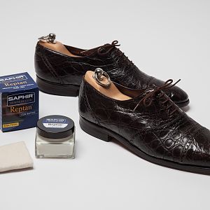 Saphir's Reptan Beauty Milk for reptile shoes... and a pair of croc oxfords I inherited from my grandfather! Proof that well-crafted shoes can last decades when cared for properly!