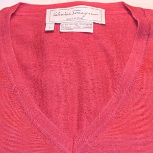 #3 - Salvatore Ferragamo Sweater Size L Magenta V-Neck
60% Wool
30% Silk
10% Cashmere
$175