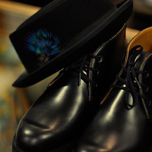 BKc All-Black Porkpie Hat w/ a peacock feather.
RED WING "Postman Chukka."

Available at The Brooklyn Circus SF:
1521 Fillmore St.  ||  San Francisco  CA  94115  ||  (415) 359-1999  ||  @TheBKcircusSF