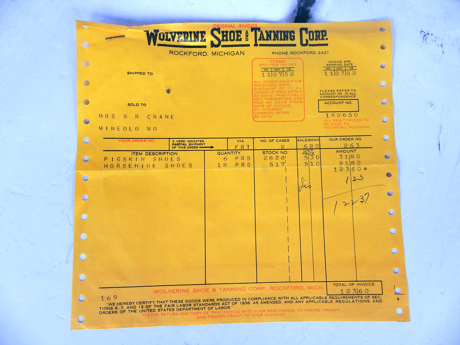 1952 Wolverine Invoice for pigskin and cordovan shoes.