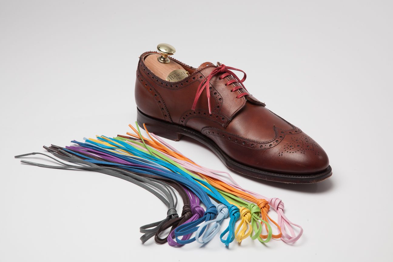 A picture of the full spectrum of colored shoe laces we carry.