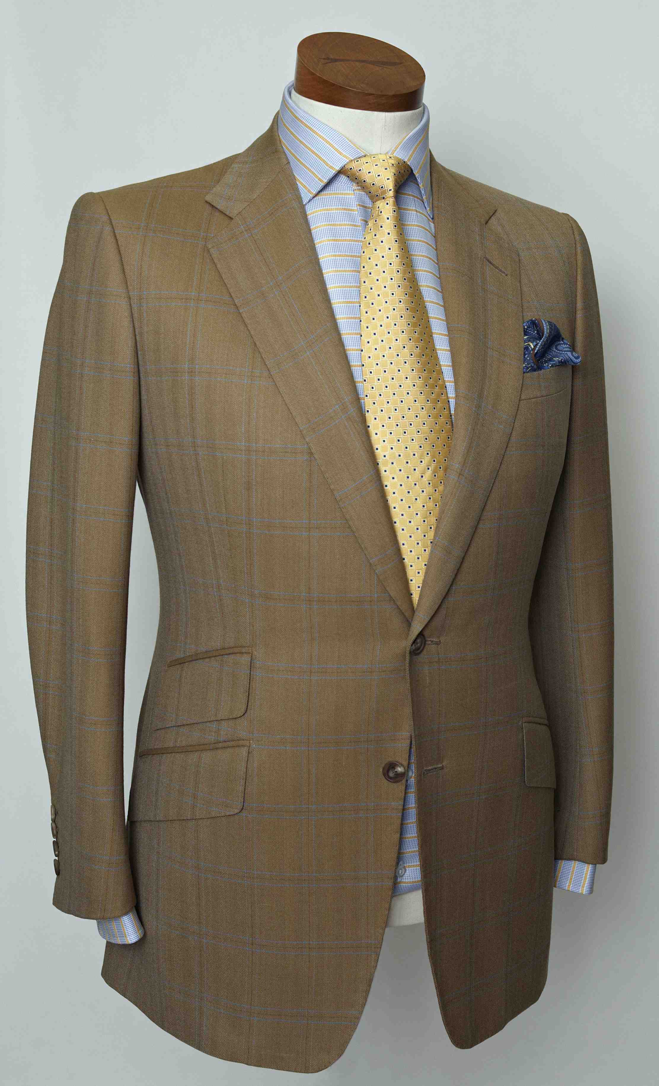 SB lightweight coat with cornflower overcheck by bespoke tailor Dege & Skinner