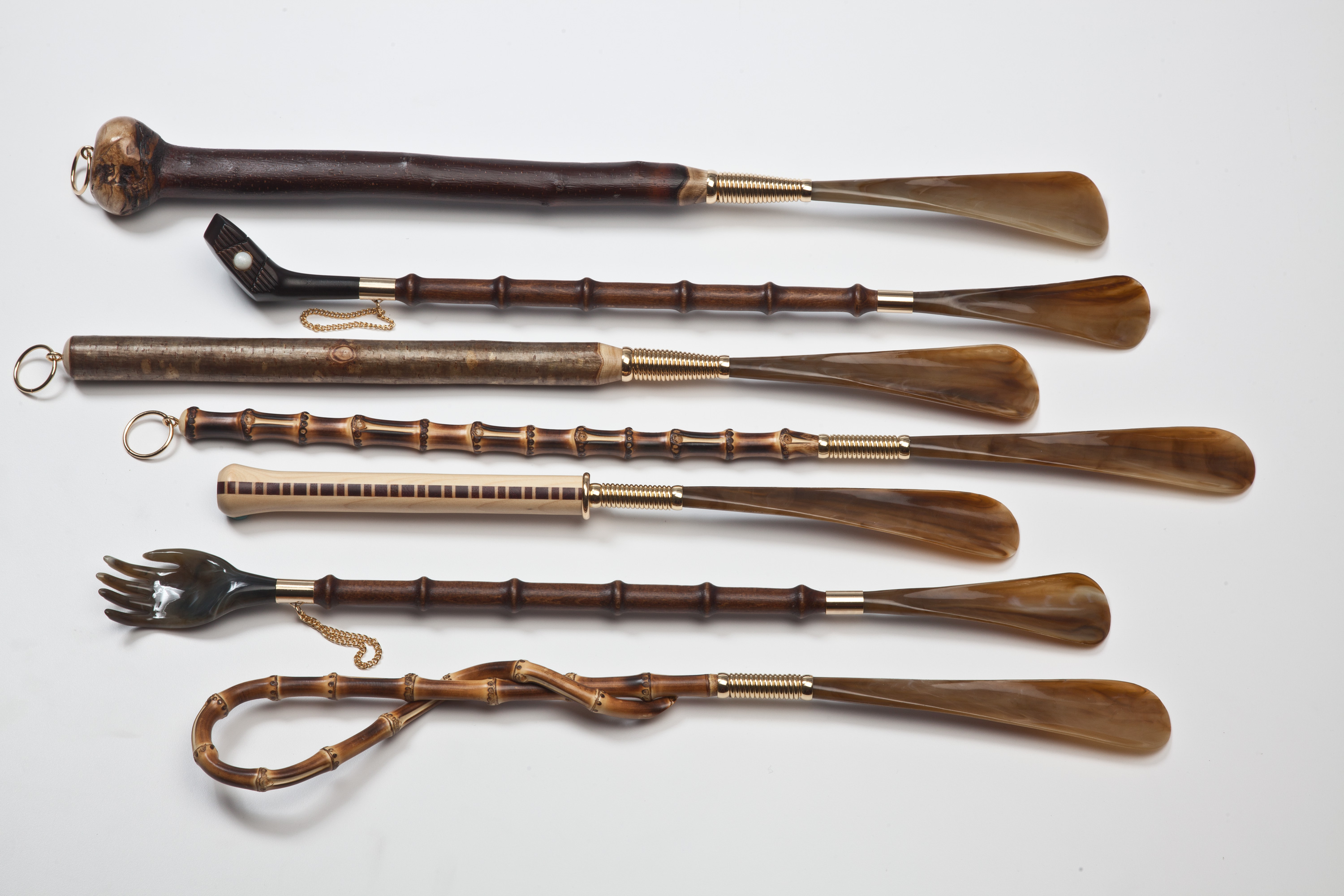 Some of our new shoehorns from Italy. All handmade with exotic wooden shafts.
