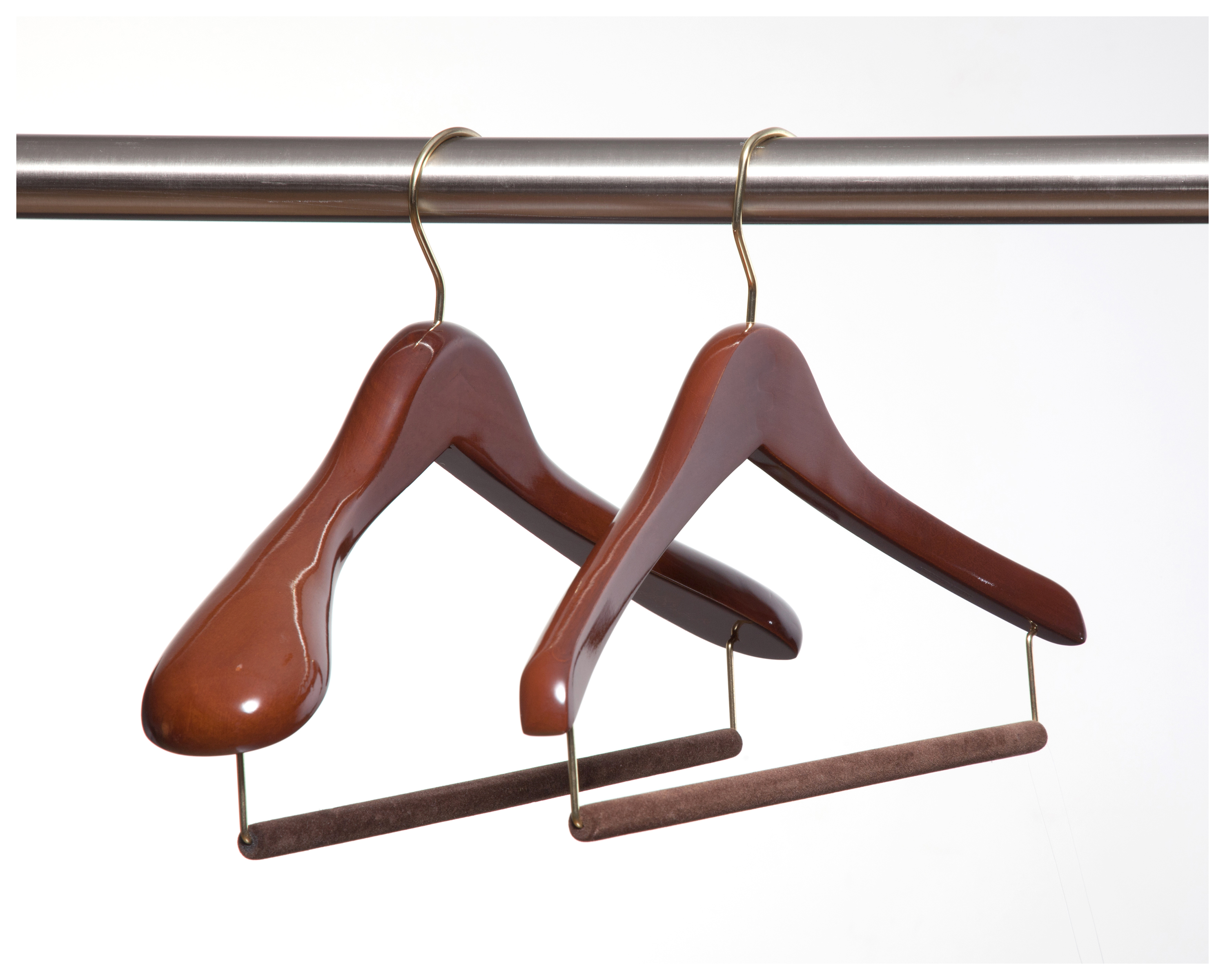 This is a photograph of our Luxury Suit Hanger (left) and Luxury Travel Hanger (right). These two hangers offer unprecedented levels of support, come with Felted Trouser Bars that will not crease trousers, and are available in an unprecedented FOUR widths for a tailored fit.